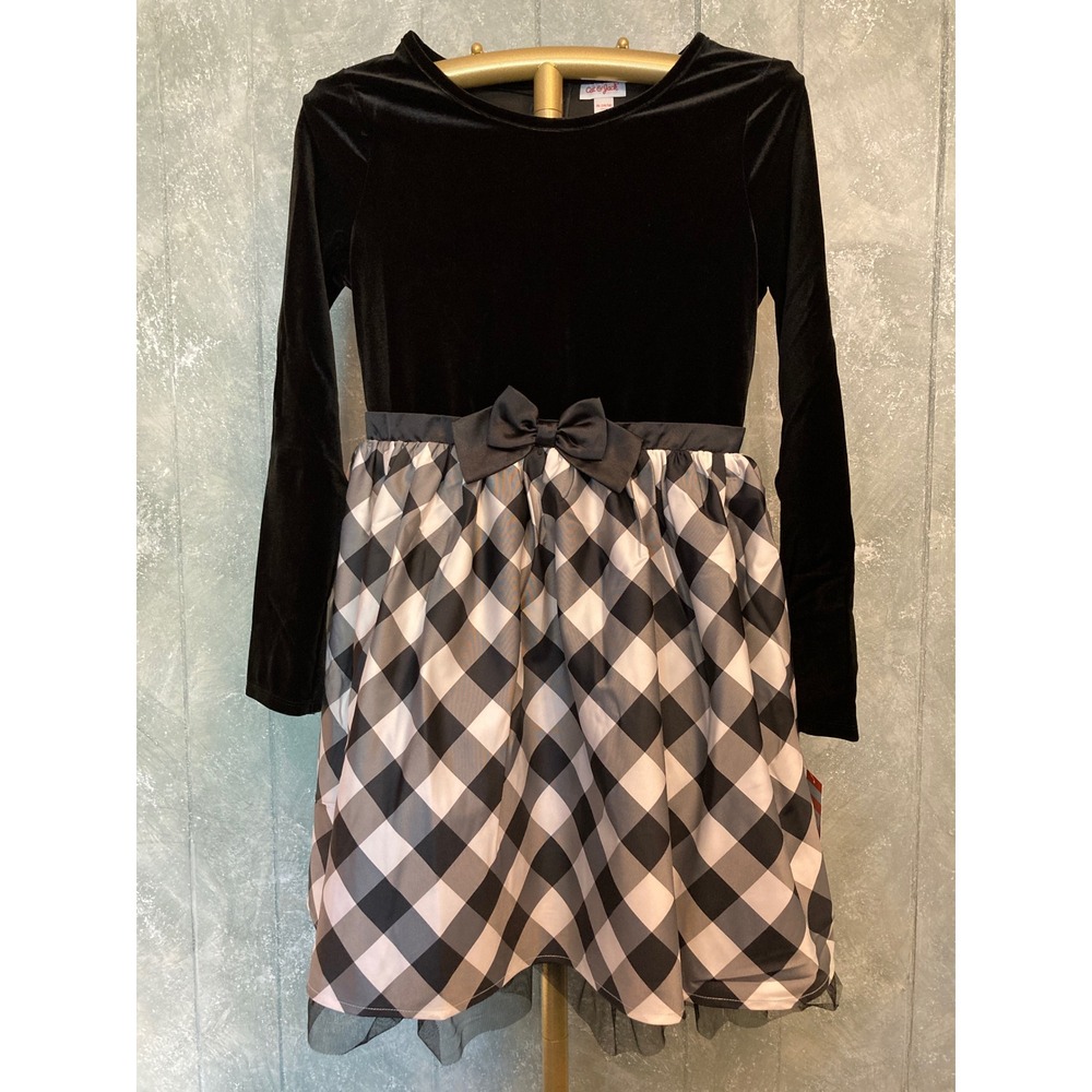 Cat & Jack Girls XL 14/16 Black Velvet Buffalo Plaid Long Sleeve Holiday Dress